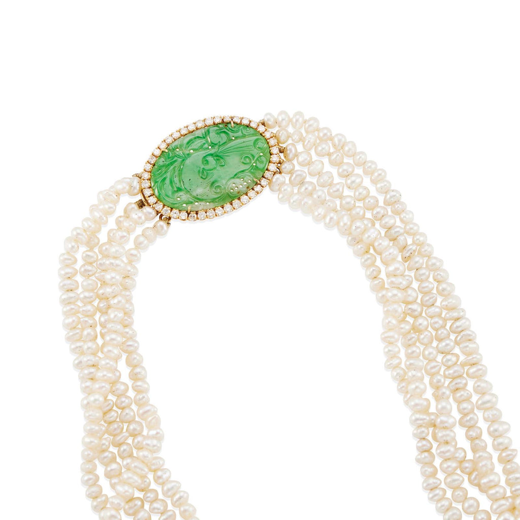 14K Gold, Freshwater Pearl, Jade, and Diamond Torsade Necklace