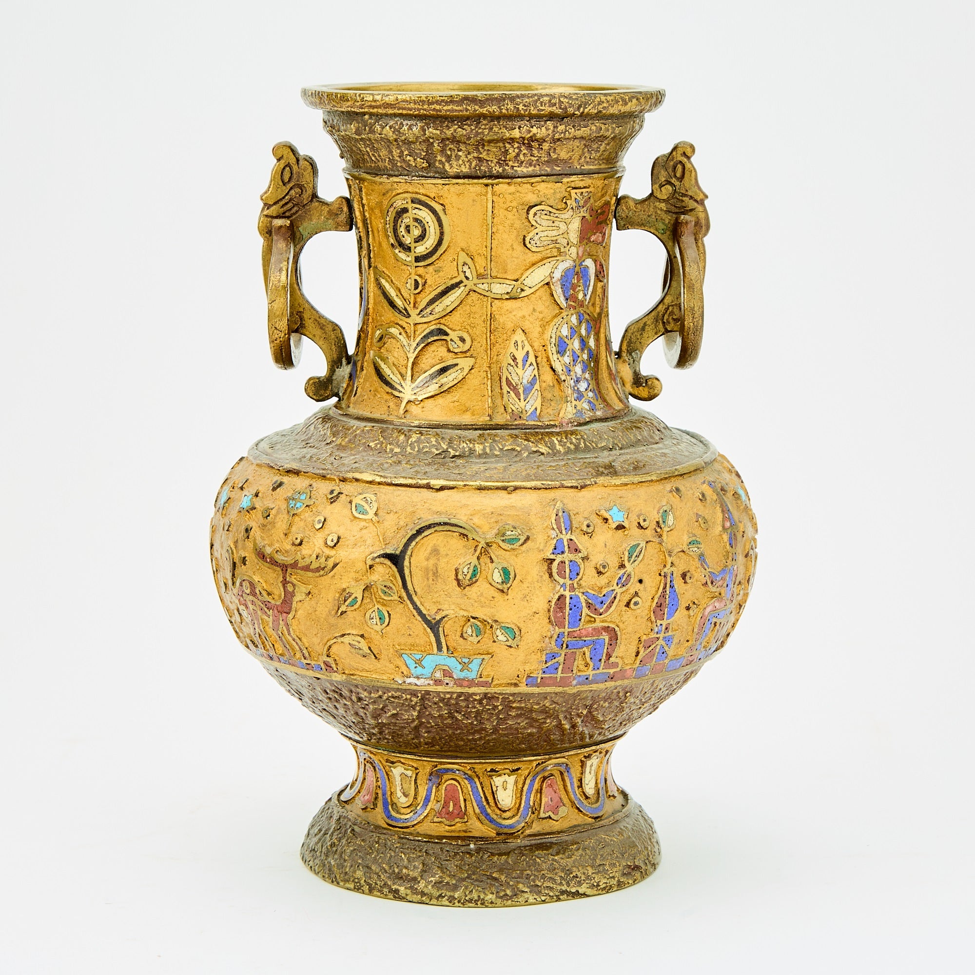 Asian Gilt-Bronze and Champlevé Enamel Twin-Handled Vase, 20th Century