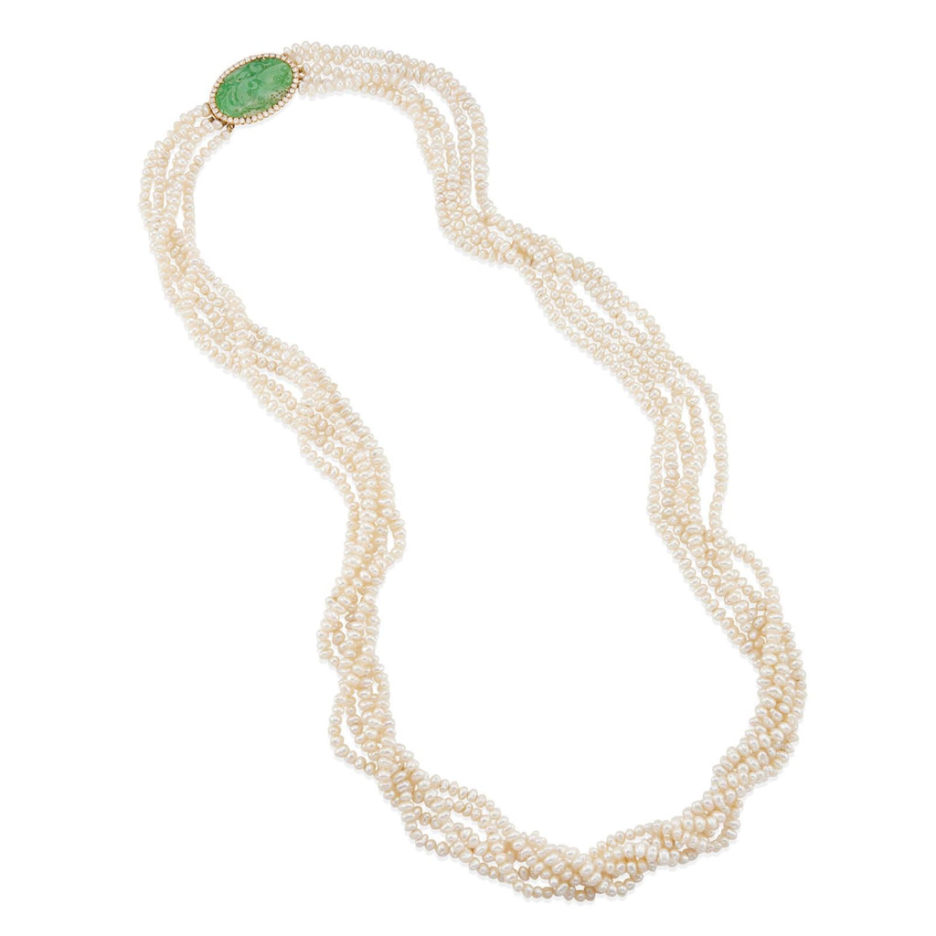 14K Gold, Freshwater Pearl, Jade, and Diamond Torsade Necklace
