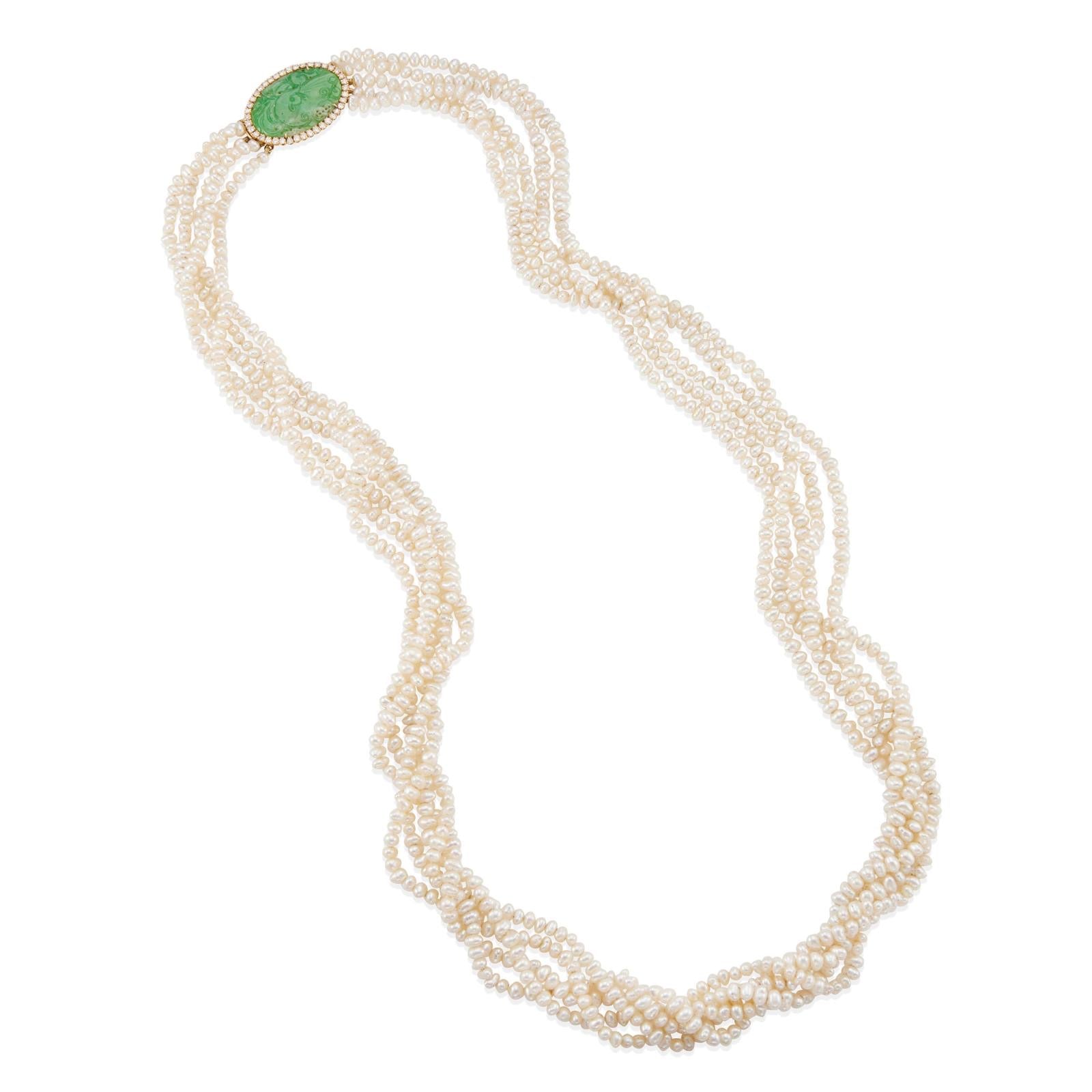 14K Gold, Freshwater Pearl, Jade, and Diamond Torsade Necklace